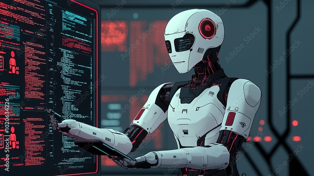 A futuristic robot interacts with a digital display, showcasing advanced technology and coding in an immersive, high-tech environment. A futuristic robot interacts with a digital display, showcasing advanced technology and coding in an immersive, high-tech environment.
