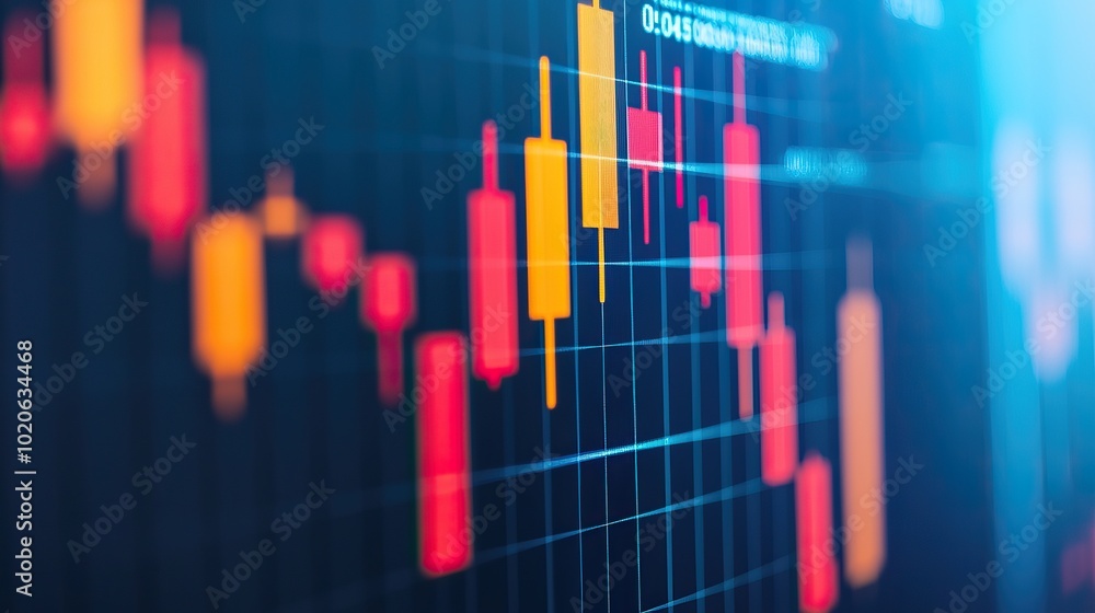 A close-up of a financial candlestick chart showing market trends with vibrant red, yellow, and green bars against a digital background. A close-up of a financial candlestick chart showing market trends with vibrant red, yellow, and green bars against a digital background.
