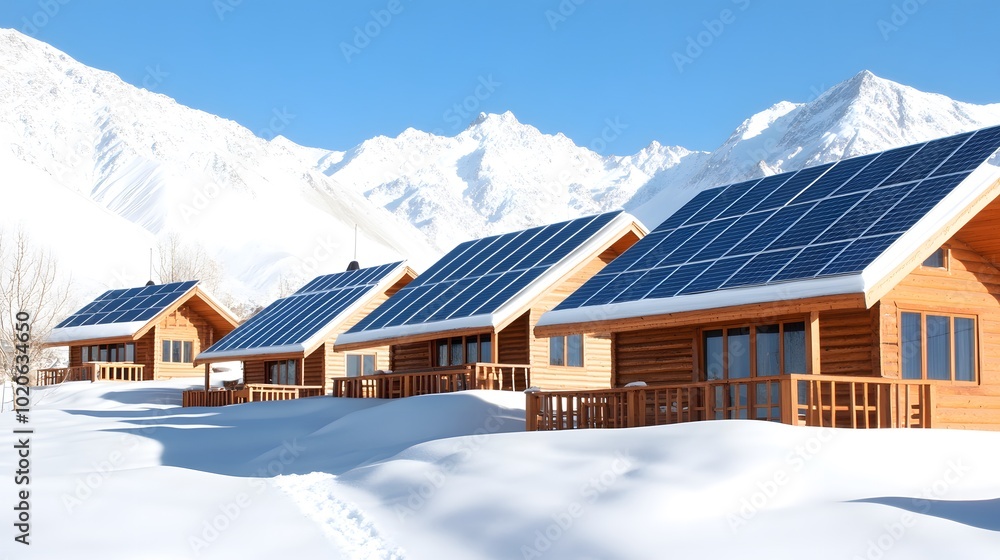 Cozy wooden cabins with solar panels nestled in snow-covered mountains, offering a serene winter getaway. Cozy wooden cabins with solar panels nestled in snow-covered mountains, offering a serene winter getaway.