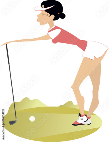 Golfer woman on the golf course. 
Golf course. Young golfer woman aiming to do a good shot
