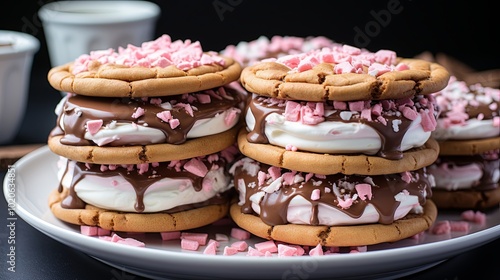 Double-decker cookies layered with chocolate and creamy filling, adorned with pink sprinkles, creating a delightful and indulgent dessert experience.