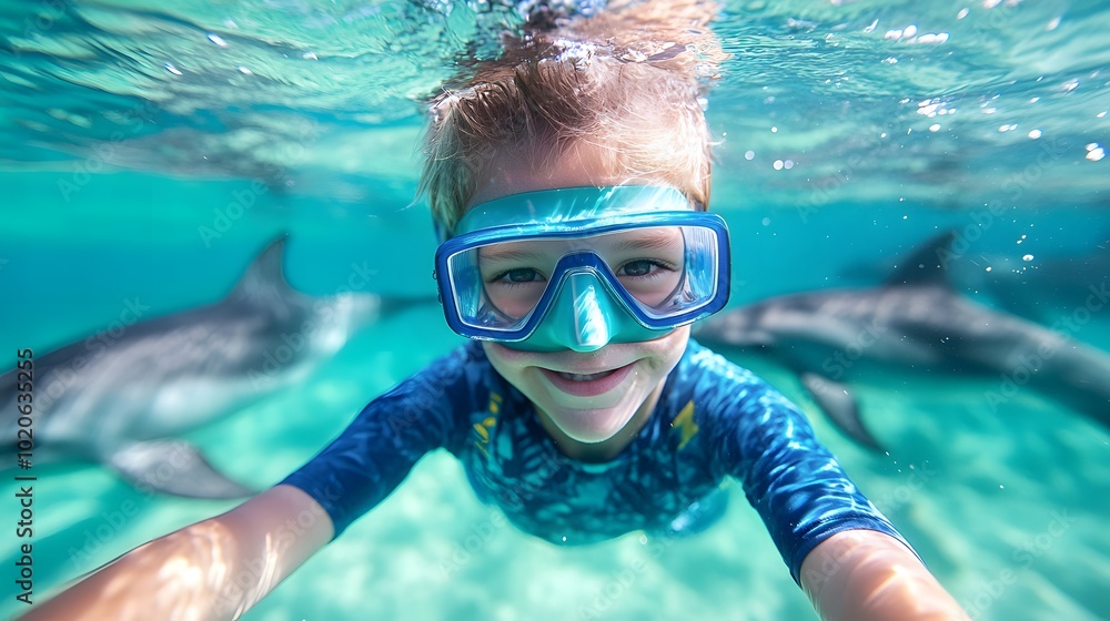 Naklejka premium A joyful child wearing snorkeling gear smiles underwater alongside dolphins in a clear, blue ocean.