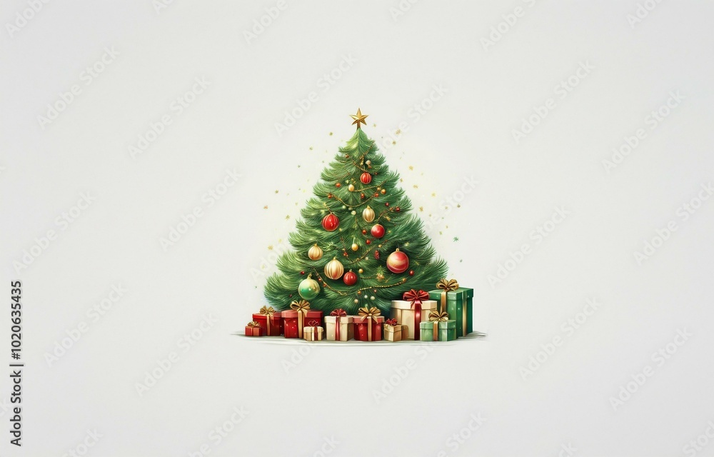 A decorated Christmas tree with a star on top, surrounded by presents. A decorated Christmas tree with a star on top, surrounded by presents.