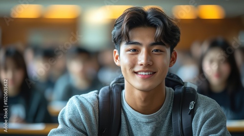 Smiling college student in classroom, backpack on shoulder, happy expression, surrounded by peers, academic environment, learning focus, modern classroom setting, education and youth