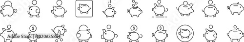 Piggy Bank Related Image Collection. Editable Stroke. Perfect for Infographics, Articles, Books, Flyers, Banners
