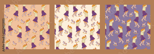 Set of Seamless pattern illustration with dancing people for new year, christmas, birthday, festival. Little girl dancing happily at festival, party, skipping