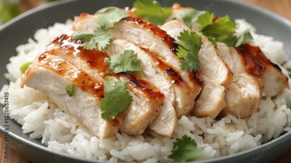 A beautifully presented dish of steamed rice topped with juicy chicken slices, garnished with cilantro and served with a spicy sauce. A beautifully presented dish of steamed rice topped with juicy chicken slices, garnished with cilantro and served with a spicy sauce.