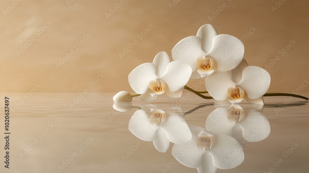 Elegant white orchids reflecting on a calm water surface in serene setting Elegant white orchids reflecting on a calm water surface in serene setting