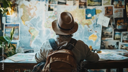 a travel enthusiast with a bankroll for adventures, surrounded by maps and travel guides photo