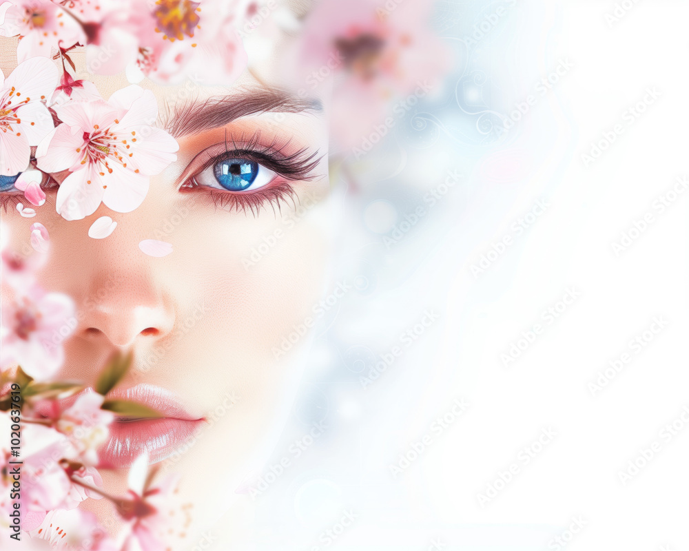 Ethereal Spring Portrait Illustration with Blossoming Flowers and Vibrant Blue Eye. High-Quality Artistic Design for Beauty, Nature, and Floral-Themed Projects. Ethereal Spring Portrait Illustration with Blossoming Flowers and Vibrant Blue Eye. High-Quality Artistic Design for Beauty, Nature, and Floral-Themed Projects.