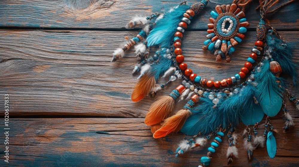 Naklejka premium A bohemian-style necklace with feathers and beads, displayed on a rustic wooden surface.