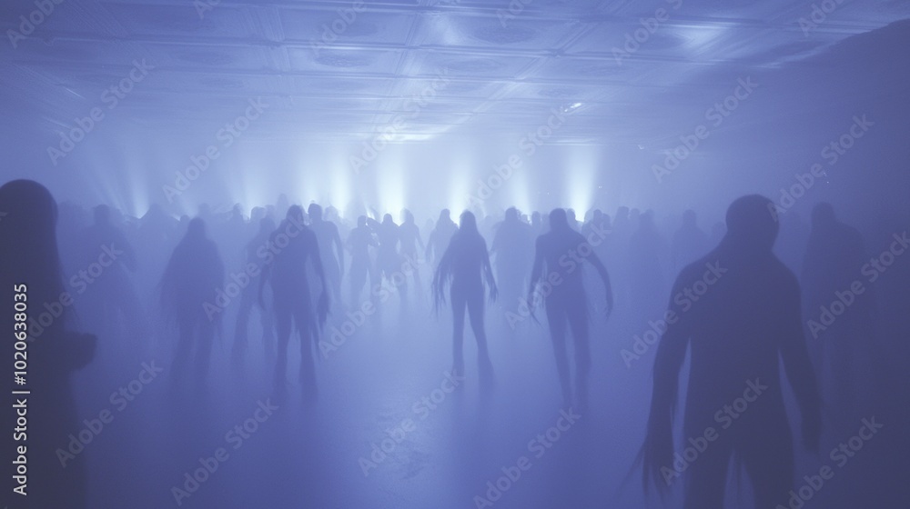 Eerie Halloween Rave: Ghostly Figures on Foggy Dance Floor with Dynamic Lighting Eerie Halloween Rave: Ghostly Figures on Foggy Dance Floor with Dynamic Lighting