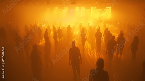 Eerie Halloween Rave: Spectral Figures on Foggy Dance Floor with Dynamic Lighting