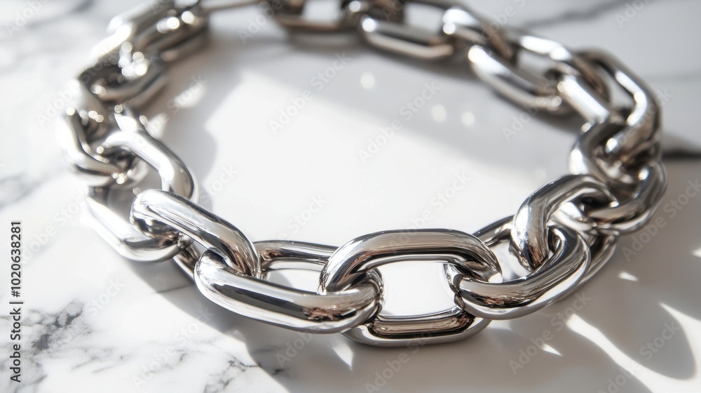 Fototapeta premium A bold metal necklace with chunky links displayed against a marble surface.