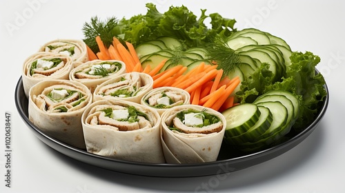 Wallpaper Mural A platter of freshly prepared rolled wraps filled with savory ingredients, accompanied by crisp cucumber slices and vibrant carrot sticks, arranged on a bed of fresh green lettuce. Torontodigital.ca