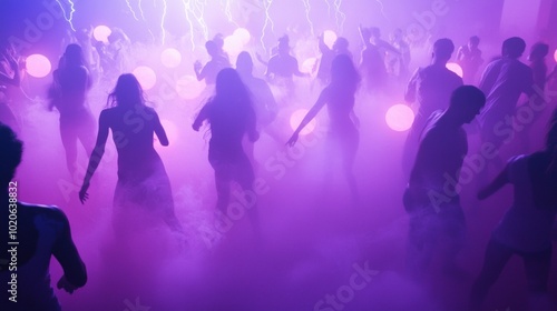 Eerie Halloween Rave: Glowing Orbs above Ecstatic Dancers in Cinematic Lightning