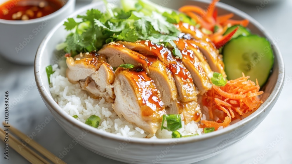 A classic Asian meal of steamed rice topped with tender chicken, garnished with fresh vegetables and a side of sauce for dipping. A classic Asian meal of steamed rice topped with tender chicken, garnished with fresh vegetables and a side of sauce for dipping.