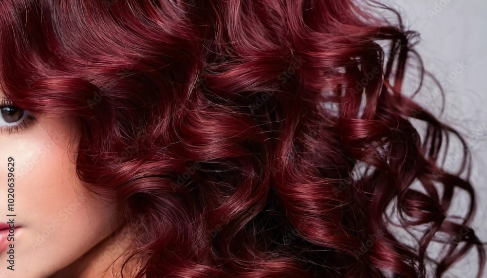 Lush dark red curls shine brightly, gracefully cascading down the back, showcasing rich color and vibrant texture in natural lighting. Mahogany color. Care cosmetics. Generative AI Lush dark red curls shine brightly, gracefully cascading down the back, showcasing rich color and vibrant texture in natural lighting. Mahogany color. Care cosmetics. Generative AI