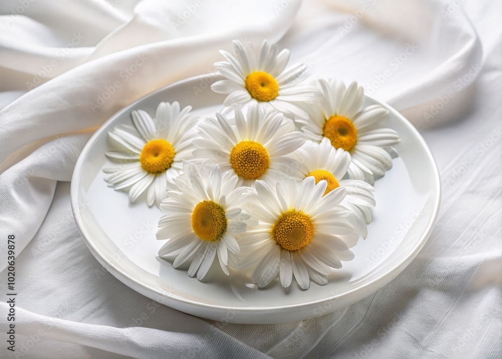 Obraz premium Soft white daisies resting on a plain plate evoke calmness, showcasing the charm of minimalistic beauty and the peaceful essence of nature's understated art.
