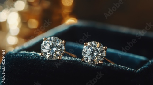 A close-up of a pair of elegant diamond stud earrings resting on a velvet jewelry box.