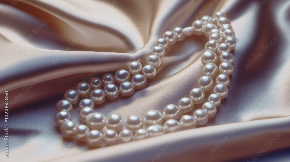 Fototapeta premium A close-up of a pearl necklace elegantly draped over a satin cloth, evoking timeless luxury.