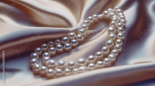 A close-up of a pearl necklace elegantly draped over a satin cloth, evoking timeless luxury.