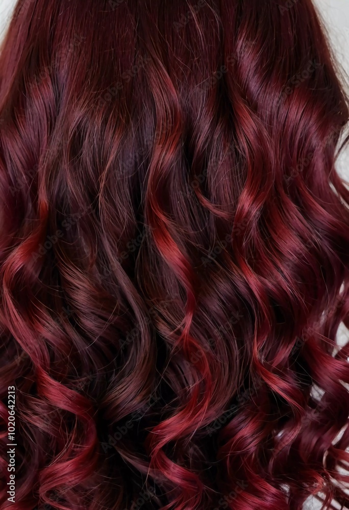 Lush dark red curls shine brightly, gracefully cascading down the back, showcasing rich color and vibrant texture in natural lighting. Mahogany color. Care cosmetics. Generative AI Lush dark red curls shine brightly, gracefully cascading down the back, showcasing rich color and vibrant texture in natural lighting. Mahogany color. Care cosmetics. Generative AI