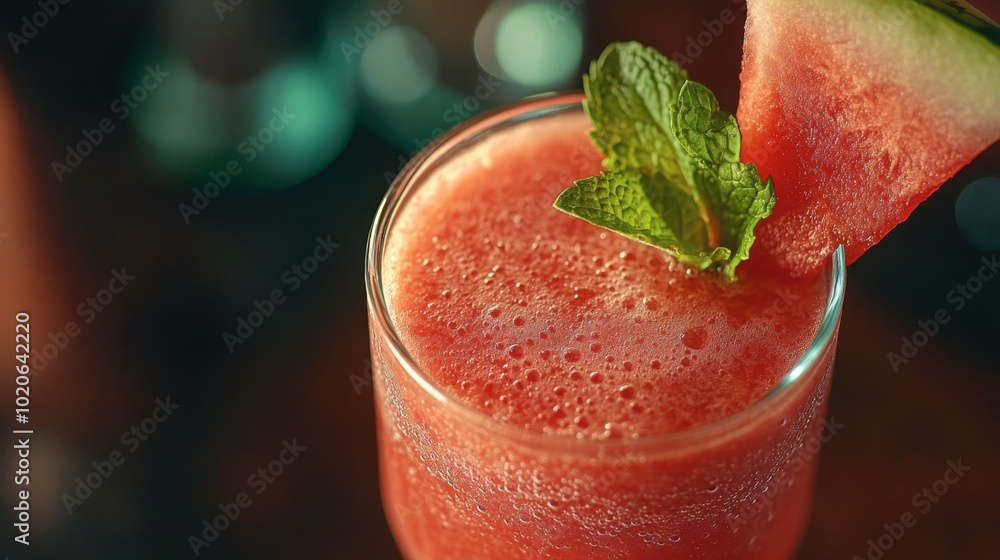 custom made wallpaper toronto digitalA close-up of a refreshing watermelon smoothie served in a glass, garnished with a mint leaf and a slice of watermelon on the rim.