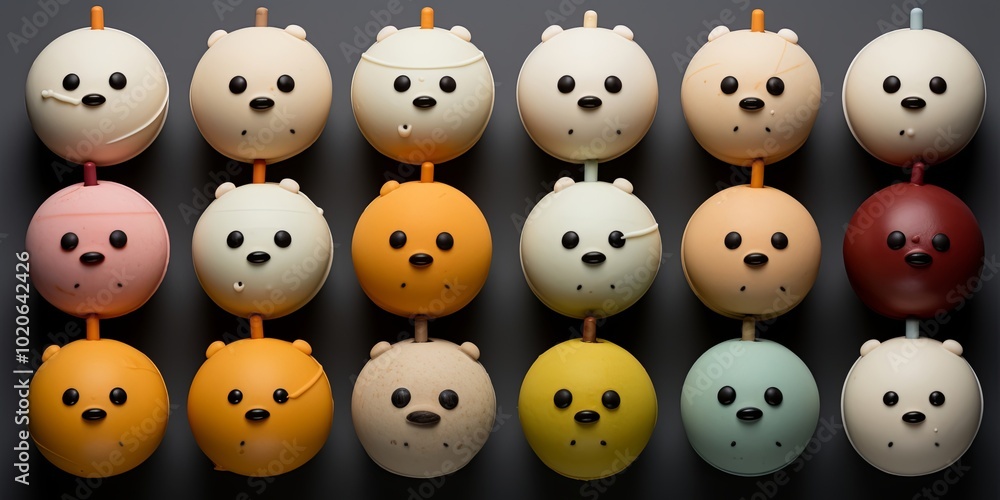 Obraz premium A collection of whimsical bear-shaped treats, each uniquely adorned with a variety of colors and textures, arranged in a grid formation, inviting a closer look and tempting the taste buds.