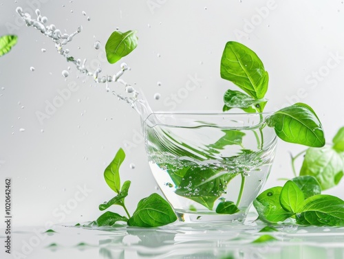 Fresh green leaves splashing into a glass bowl of water