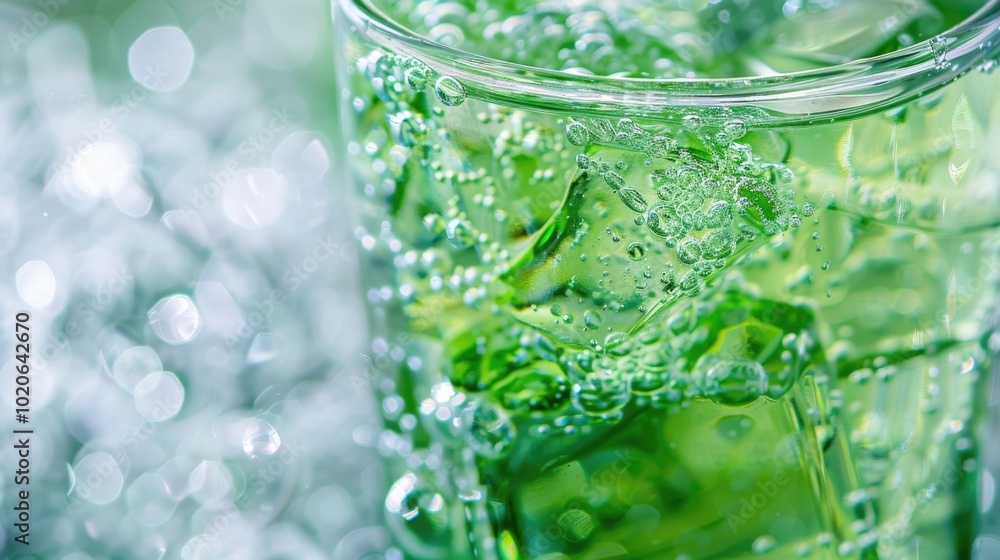 A close-up of a glass filled with a vibrant green sparkling drink, placed on a natural background with lush greenery. Chlorophyll Water A close-up of a glass filled with a vibrant green sparkling drink, placed on a natural background with lush greenery. Chlorophyll Water