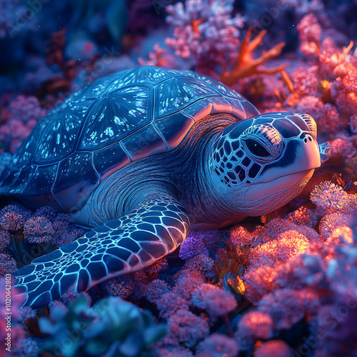 A realistic mystical sea turtle resting on vibrant bed of colorful coral and flowers, surrounded by serene underwater atmosphere. scene evokes sense of tranquility and wonder photo