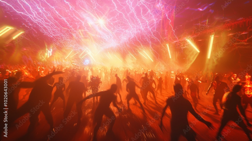 Enchanting Halloween Rave in Technicolor Lights with Joyful Costumed Figures Dancing - Cinematic Outdoor Event Footage Enchanting Halloween Rave in Technicolor Lights with Joyful Costumed Figures Dancing - Cinematic Outdoor Event Footage
