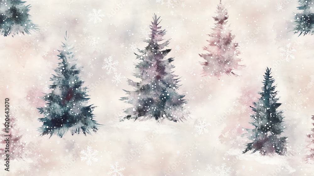 Delicate watercolor Christmas trees with subtle snowflakes on a soft pastel background, minimal design, light color palette, seamless pattern Delicate watercolor Christmas trees with subtle snowflakes on a soft pastel background, minimal design, light color palette, seamless pattern