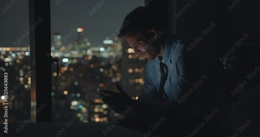 Frustrated and tired businessman typing fast on his mobile smart phone while sitting in bed at night with window overlooking the city. Working late and angry. Texting team member in hotel suite Frustrated and tired businessman typing fast on his mobile smart phone while sitting in bed at night with window overlooking the city. Working late and angry. Texting team member in hotel suite
