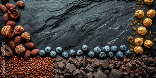 A bar of chocolate sprinkled with raspberries, blueberries and mint on a dark background.