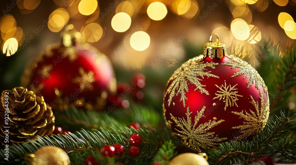 Golden pinecone and red baubles in a festive Christmas arrangement Golden pinecone and red baubles in a festive Christmas arrangement