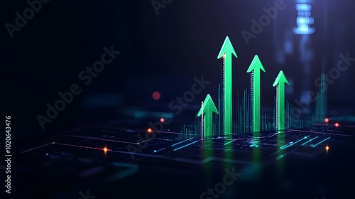 A series of green arrows are pointing upwards on a dark background