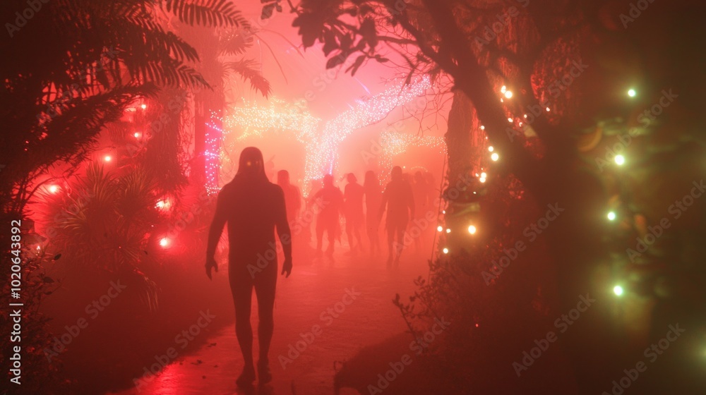 Enchanted Halloween Rave in Mystical Garden - Cinematic Nightclub Scene with Costumed Figures Dancing under Magical Lights Enchanted Halloween Rave in Mystical Garden - Cinematic Nightclub Scene with Costumed Figures Dancing under Magical Lights