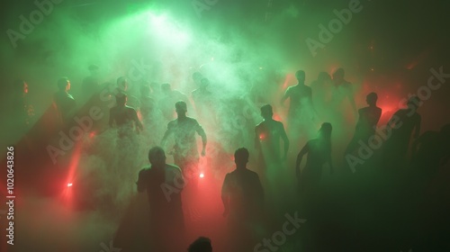 Eerie Halloween Rave: Cinematic Footage of Swirling Fog, Colorful Lights, and Dancing Figures