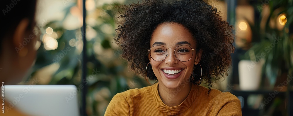 Young woman wearing glasses laughing at her desk in a cozy office environment with natural light Young woman wearing glasses laughing at her desk in a cozy office environment with natural light