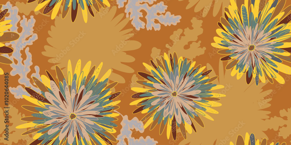 Chrysanthemums Asters Abstract fantasy flowers variegated ornament Asian motifs vector seamless overlapping pattern rapport Chrysanthemums Asters Abstract fantasy flowers variegated ornament Asian motifs vector seamless overlapping pattern rapport