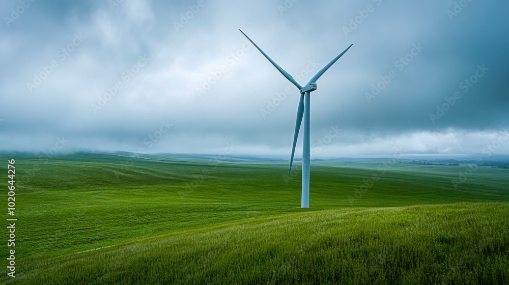 Isolated wind turbine on green hills during cloudy day promoting sustainable energy Isolated wind turbine on green hills during cloudy day promoting sustainable energy