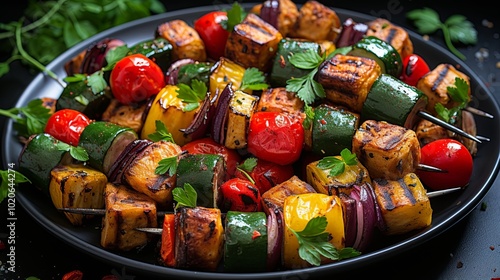 Wallpaper Mural A Colorful Feast of Grilled Vegetables and Cubes of Tofu on a Black Plate Torontodigital.ca