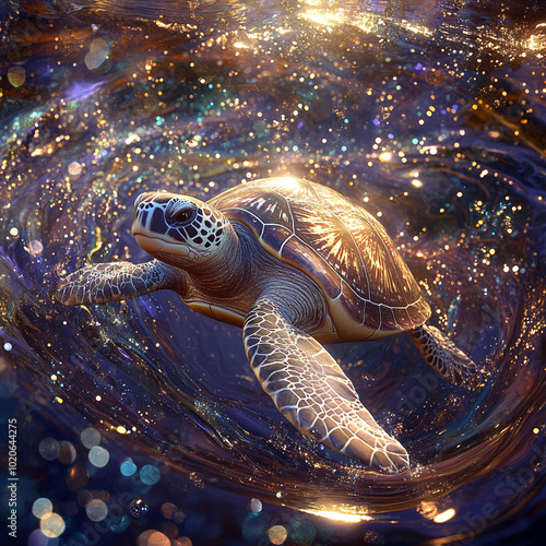 A realistic enchanting sea turtle swimming in kaleidoscopic underwater scene, surrounded by shimmering lights and vibrant colors, evokes sense of wonder and tranquility photo