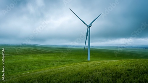 Isolated wind turbine on green hills during cloudy day promoting sustainable energy