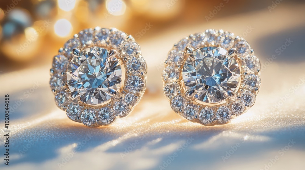 A close-up of diamond-encrusted earrings sparkling under soft, natural light. A close-up of diamond-encrusted earrings sparkling under soft, natural light.