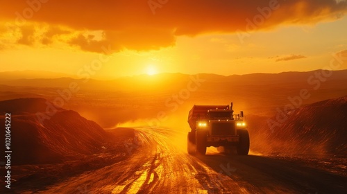 A Dump Truck Driving Through a Dirt Road at Sunset