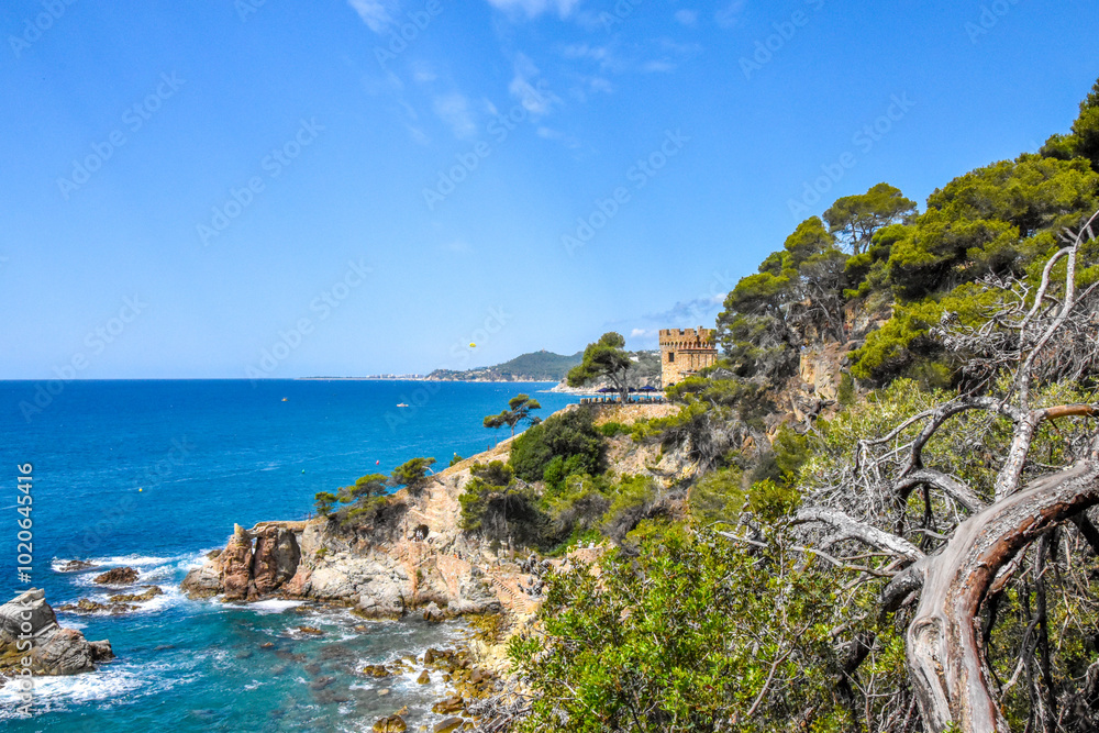 Spain. Lloret de Mar. Sea. Mountains. Beach. St. John's Castle Spain. Lloret de Mar. Sea. Mountains. Beach. St. John's Castle