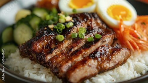 A close-up of juicy, tender pork leg served over steamed rice, with perfectly cooked eggs and pickled vegetables on the side.